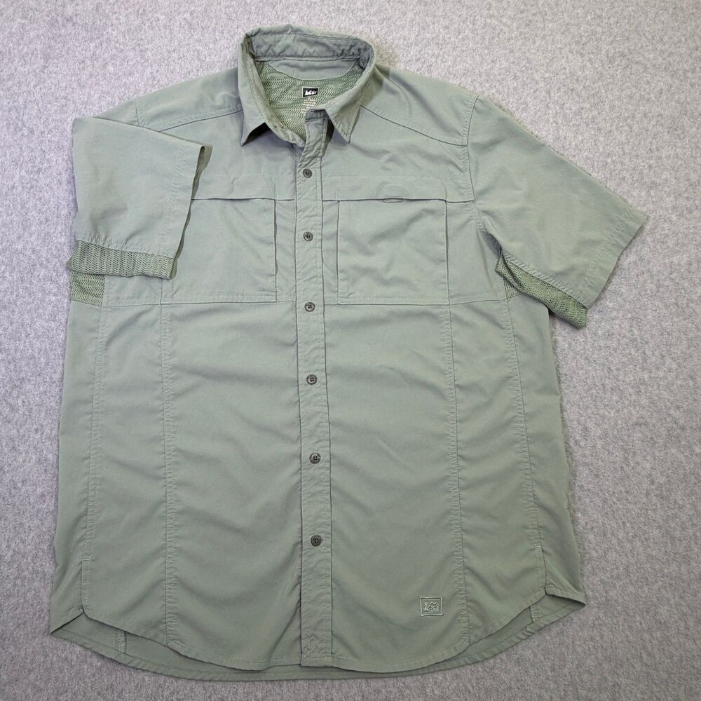 REI Mens Large Fishing Shirt Green Vented Short Sleeve Outdoor Hiking